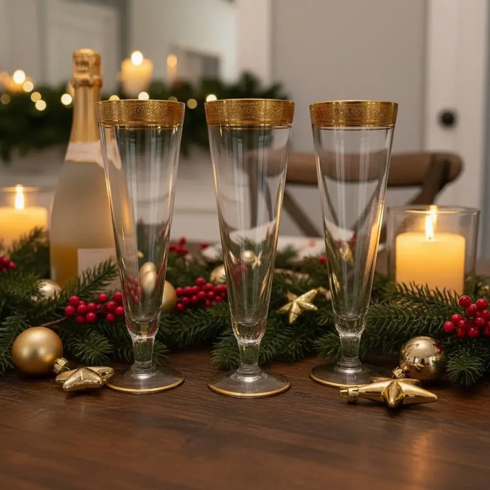Glastonbury Lotus Rambler Rose 35 Gold Non Optic Pilsner Glasses-Set of 3-Tiffin